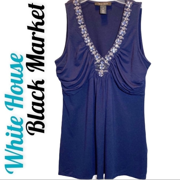 WHBM Sleeveless Ruched Stretchy Navy Blue Blouse Jeweled Embellished Neckline XS - Picture 7 of 8
